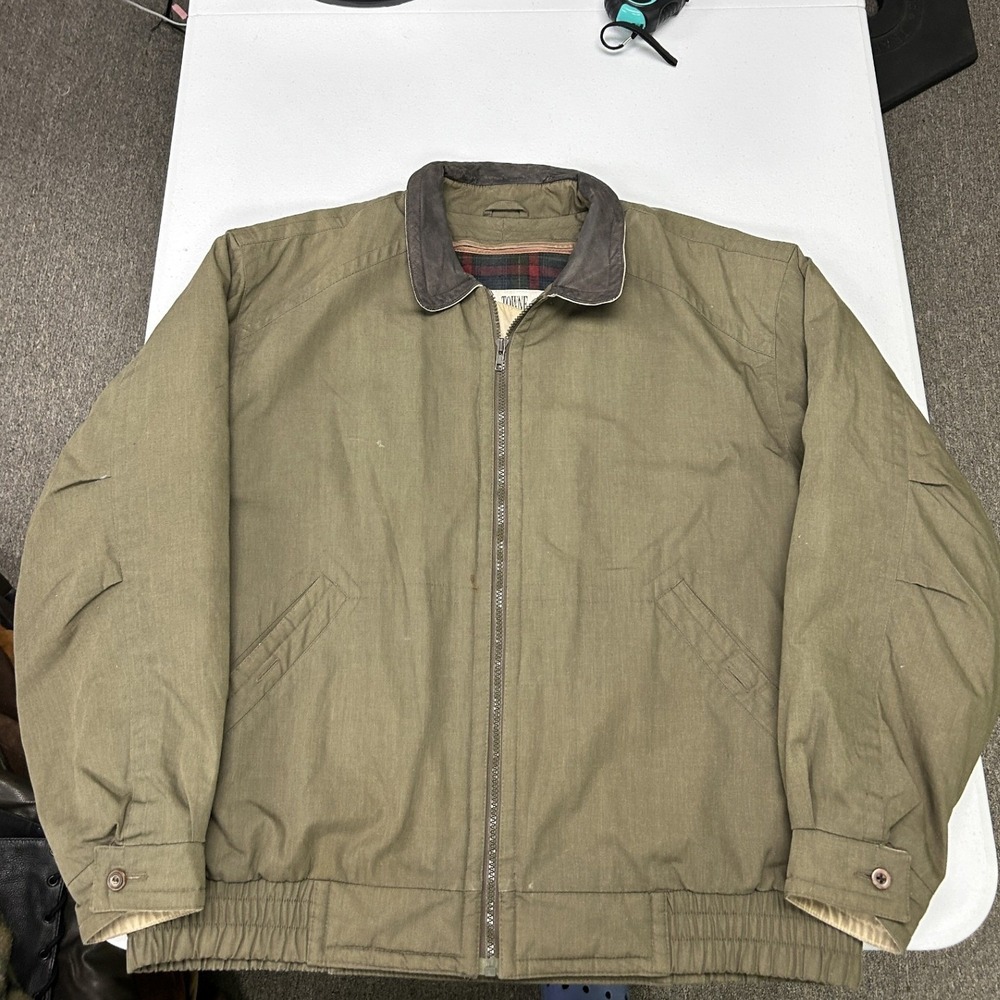 London Fog Towne Harrington Jacket Mens Large Olive Green Plaid Lined Vintage